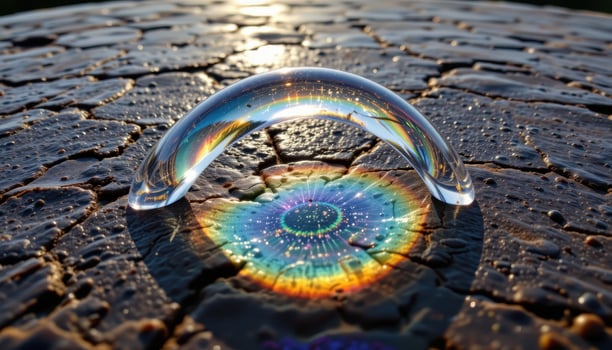 a translucent arch refracting light into rainbow patterns on wet stone. photo