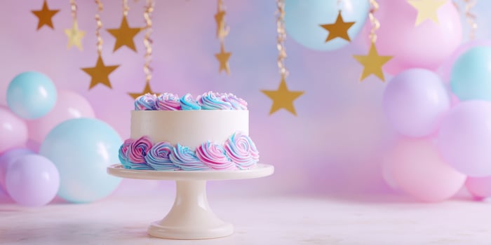 The vibrant cake adorned with pastel-colored frosting and cheerful decorations. photo
