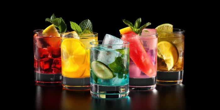 The vibrant display of colorful cocktails with fresh ingredients in glasses. photo