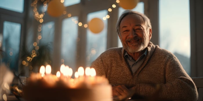 The elderly man enjoying a joyful birthday celebration with cake and candles. photo