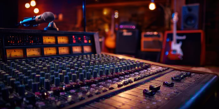 The vintage sound mixer and instruments in a lively music studio setting. photo
