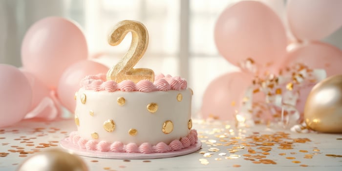 The delightful two-tier birthday cake adorned with pink and gold decorations. photo