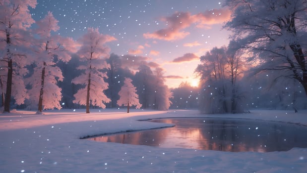 Snowfall Over Frozen Pond Surrounded by Trees at Dusk Landscape photo