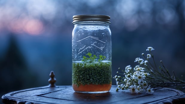 Jar Growing Pea Shoots with Water and Flowers on Wooden Table photo