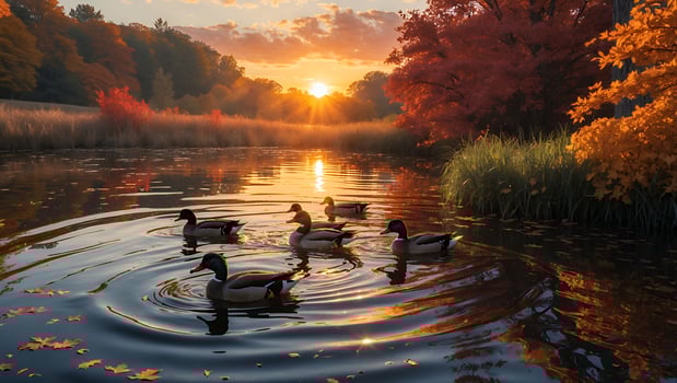Ducks Swim in Autumn Lake with Colorful Sunset and Reflections photo