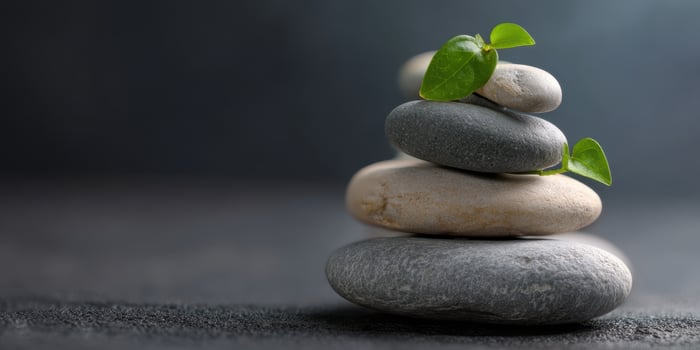The Balanced Stones and Green Leaves Representing Peace and Harmony. photo