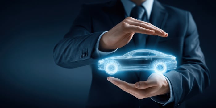 The businessman showcasing a holographic car in a protective gesture. photo