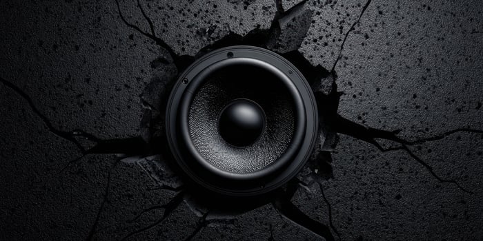 The powerful speaker breaking through a textured black wall photo