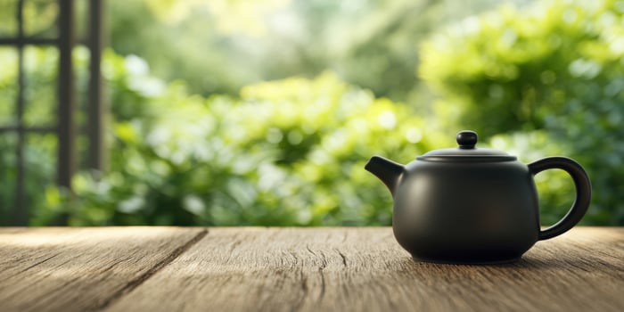 The elegant black teapot on a rustic wooden table surrounded by nature. photo
