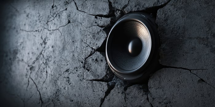 The cracked wall revealing a powerful audio speaker in a modern setting. photo