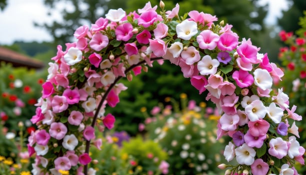 a round arch trellis turned vibrant by sweet pea blossoms of every pastel color. photo