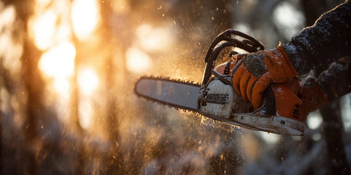 The chainsaw in action amidst a snowy forest landscape during golden hour. photo