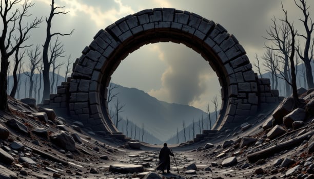 a blackened arch surrounded by scorched earth and burnt trees. photo
