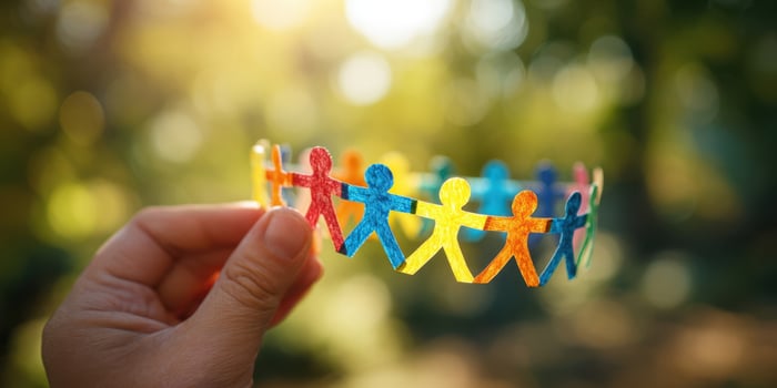 The colorful paper chain symbolizing unity and friendship in sunlight. photo