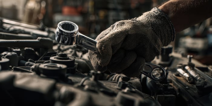 The skilled mechanic using a wrench to repair an engine in a workshop photo