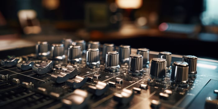 The detailed close-up of a professional audio mixing console in a studio setting. photo
