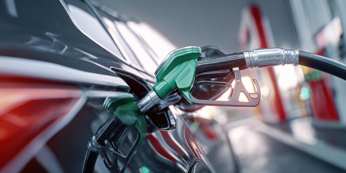 The fuel pump dispensing gasoline into a vehicle at a modern gas station photo