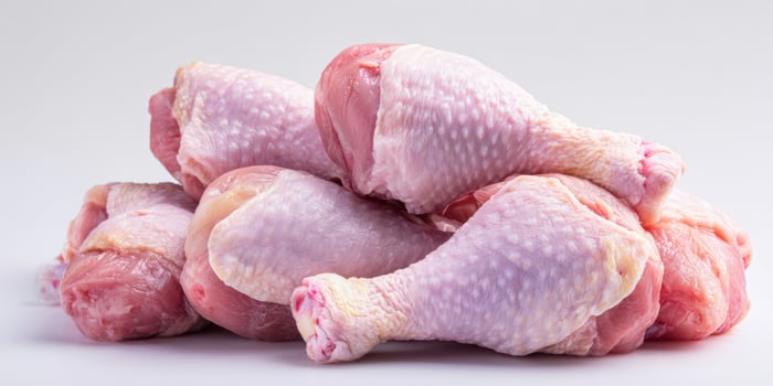 The fresh chicken drumsticks stacked for culinary preparation and recipes. photo