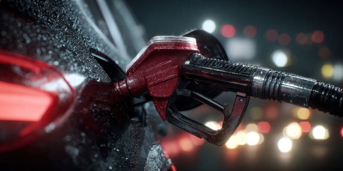 The fuel pump in action during a rainy urban night scene. photo