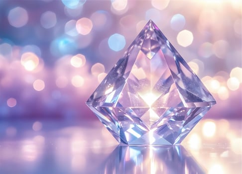 A diamond shaped crystal on a table with a bright background photo