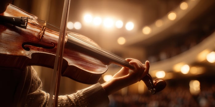 The elegant violinist performing on stage in a vibrant concert setting. photo