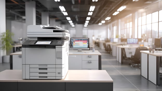 Modern multifunction printer standing in a bright open space office photo