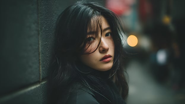 Young asian woman leaning against wall in urban setting photo