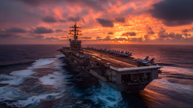 Aircraft carrier at sunset on the ocean photo