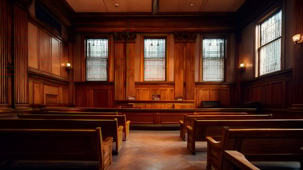 Empty courtroom with wooden benches and judge's desk waiting for trial to begin photo