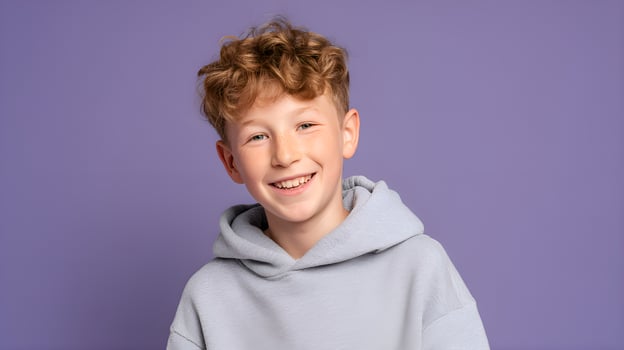 Portrait of smiling boy wearing hoodie on purple background photo