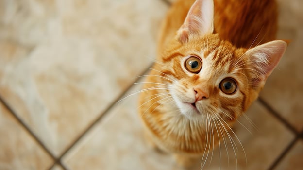 Ginger Tabby Cat Looking Upwards with Curious Expression on kitchen Tiled Background. photo