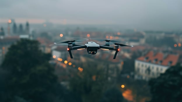 Drone Flying Over Urban Scenery on Overcast Day. photo