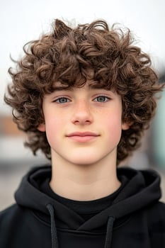 Portrait of Smiling Teenage Boy with Freckles and Curly Brown Hair. photo