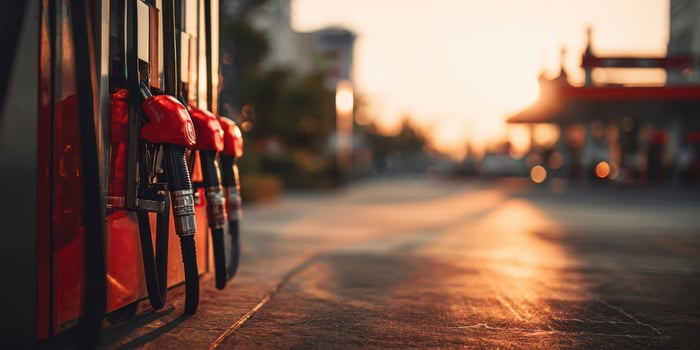 The vibrant gas pumps illuminated by a warm sunset backdrop. photo