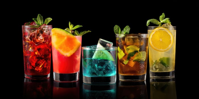 The colorful collection of refreshing cocktails with vibrant garnishes and ice. photo