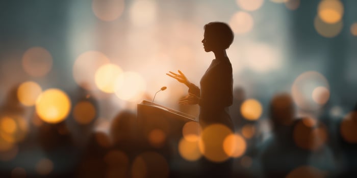 The silhouette of a speaker captivating an audience at a conference event. photo