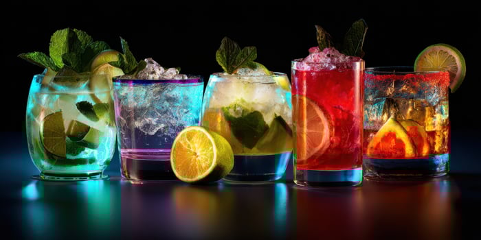 The colorful array of refreshing cocktails with mint and citrus garnishes. photo