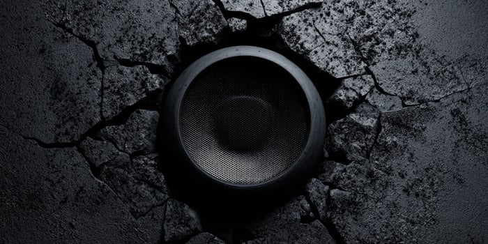 The dramatic appearance of a speaker emerging from a cracked black surface. photo