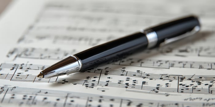 The elegant pen resting on musical sheet notes for artistic inspiration. photo