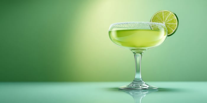 The vibrant margarita cocktail with a lime garnish on a green background. photo