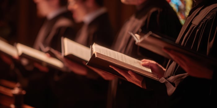 The choir performing during a spiritual service in a church setting. photo