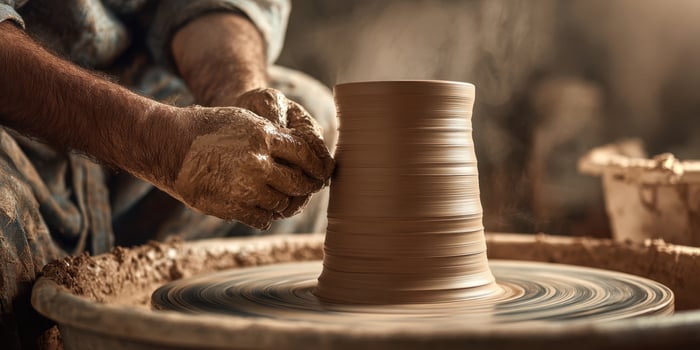 The artisan shaping a masterpiece on a pottery wheel in a serene workshop. photo