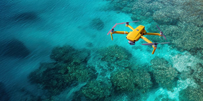 The drone gliding gracefully over the vibrant coral reefs in crystal-clear water. photo