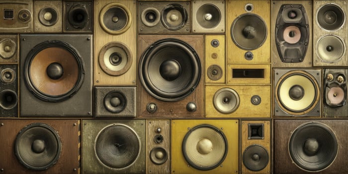 The wall of vintage speakers showcasing diverse audio designs and textures. photo