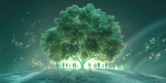 The majestic tree symbolizing unity and harmony in a surreal environment. photo