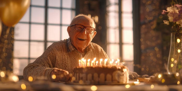The elderly man celebrating his birthday with joy and a delicious cake. photo