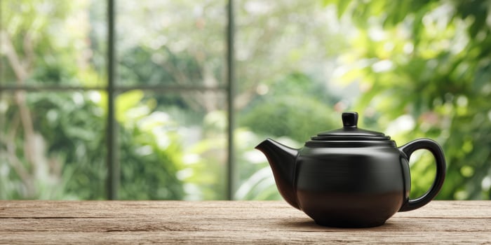 The elegant black teapot resting on a wooden table with green foliage background. photo