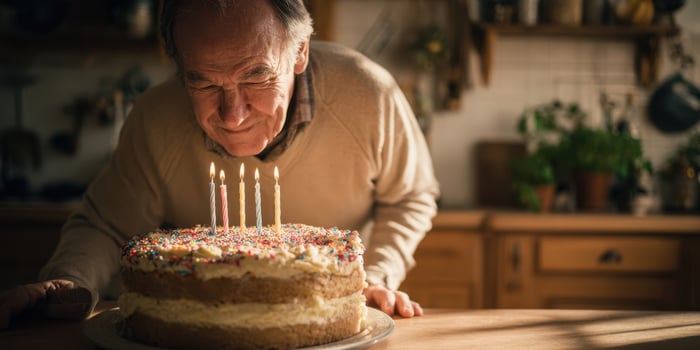 The elderly man celebrates his birthday with a beautiful homemade cake. photo