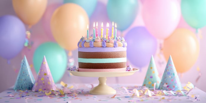 The delicious birthday cake centerpiece surrounded by colorful balloons and festive decorations. photo