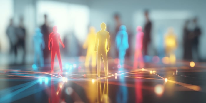 The colorful network of interconnected silhouettes in a modern workspace setting. photo